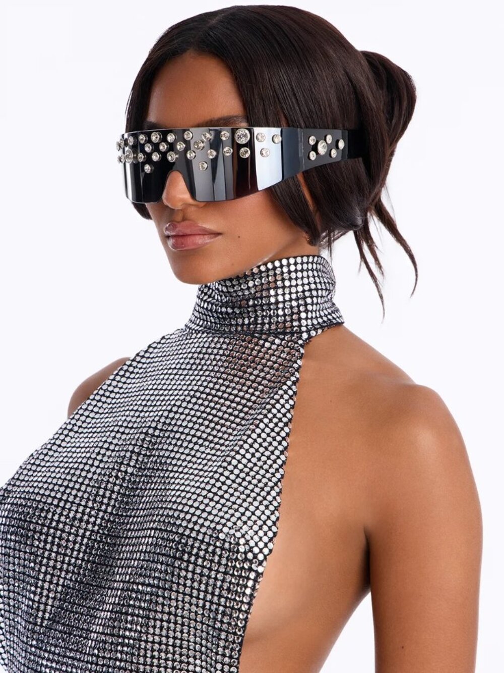 NWOT Futuristic Mirrored Rhinestone Shield Sunglasses Disco Glam Statement